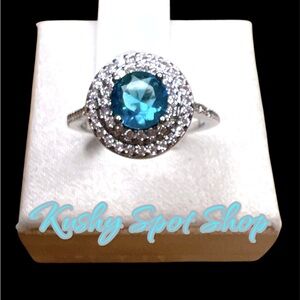 NWT 💎 Turquoise Blue Crystal Solitaire Double Halo CZ’s accents Silver Ring sz 5